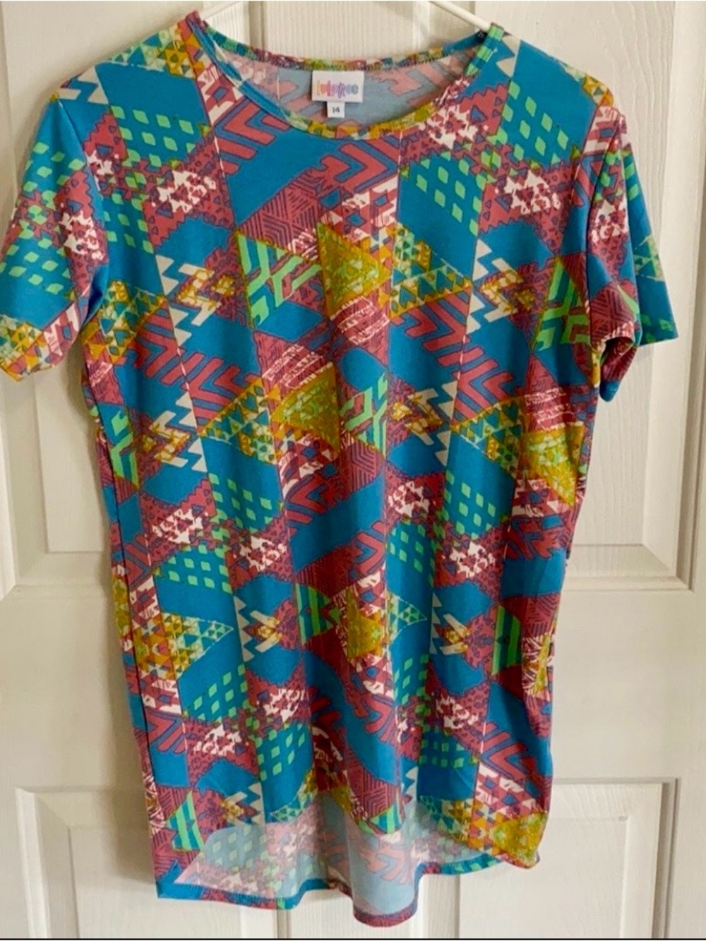 LuLaRoe Blue Geometric Multicolor Short Sleeve Top
